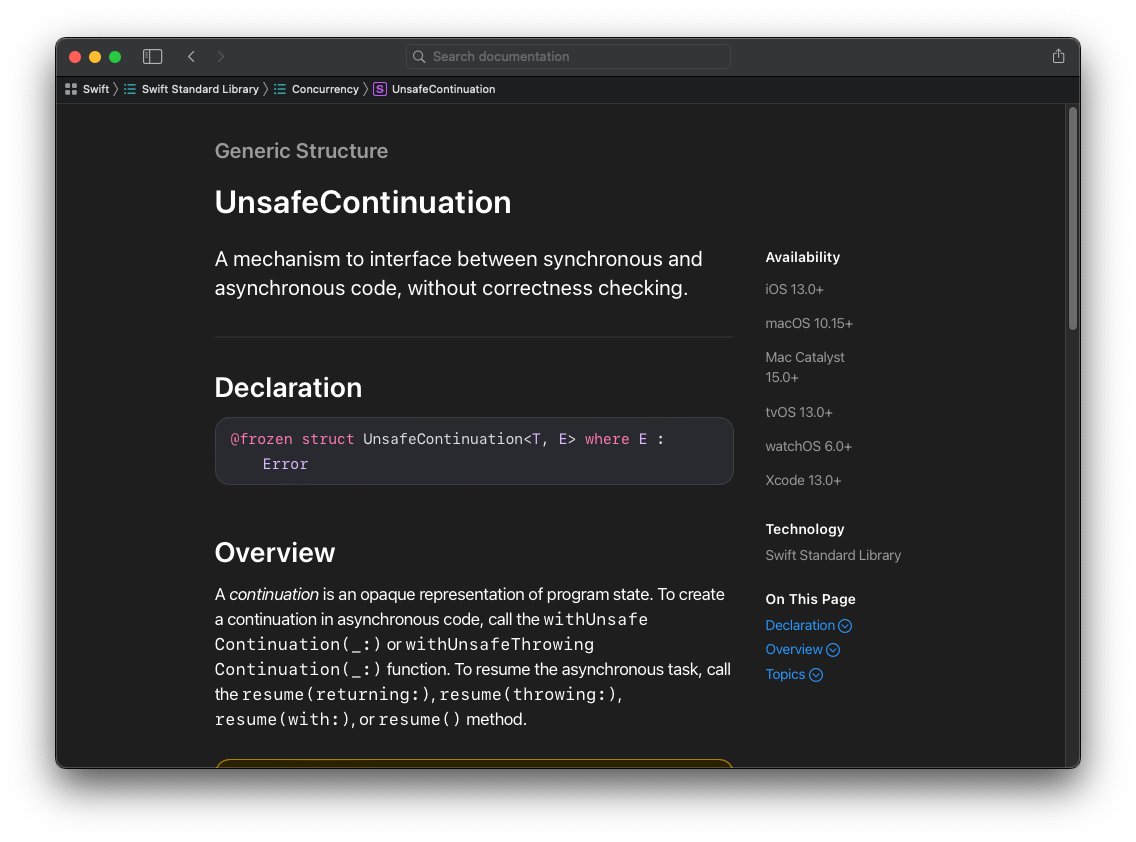 Documentation UnsafeContinuation